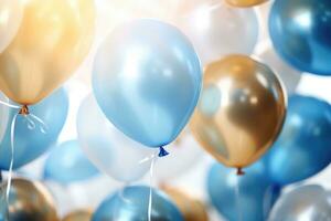 ai gerado festa balões fundo , dourado e azul balões fundo com confete e bokeh fundos ai gerado foto