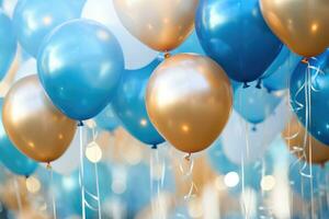 ai gerado festa balões fundo , dourado e azul balões fundo com confete e bokeh fundos ai gerado foto