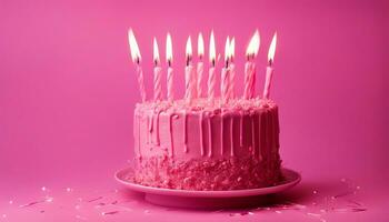 ai gerado Rosa aniversário bolo com muitos Rosa aniversário velas e estrelinhas contra uma Rosa fundo com cópia de espaço foto