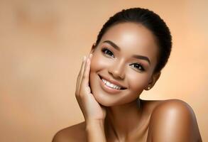 ai gerado beleza face. sorridente Preto mulher tocante saudável pele retrato. lindo menina foto