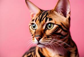ai gerado retrato do uma Bengala gato em uma Rosa fundo. cópia de espaço. foto