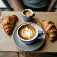 ai gerado café elegância copo em de madeira mesa com croissants foto