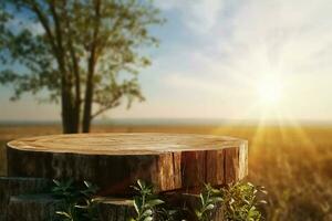 ai gerado madeira pódio para produtos em natural fundo com luz solar. generativo ai. foto