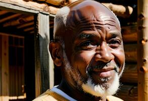 ai gerado fechar-se retrato do Careca e barbudo africano americano Senior homem dentro registro cabine foto