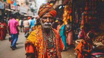 ai gerado a idosos homem dentro tradicional indiano vestuário carrinhos no meio uma movimentado rua. generativo ai foto