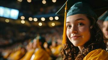 ai gerado orgulhoso jovem graduado sorridente às graduação cerimônia com pares dentro fundo foto