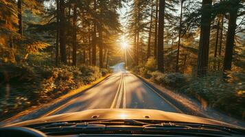 ai gerado uma veículo é dirigindo em a estrada dentro a floresta. generativo ai foto