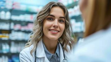 ai gerado uma jovem farmacêutico e dela paciente olhando às cada outro. generativo ai foto