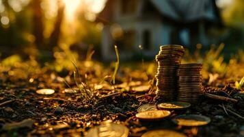 ai gerado moedas pilha em a terra com uma casa em topo do eles foto