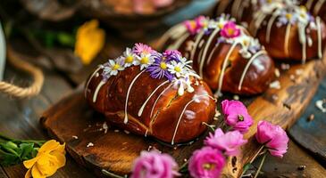 ai gerado chocolate ovo pães com flores e gelo foto