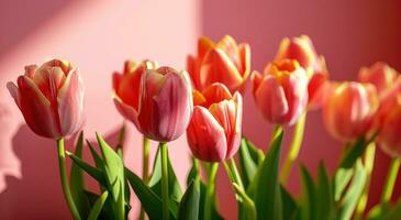 ai gerado Rosa tulipas estão florescendo contra uma Rosa fundo foto