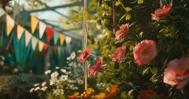 ai gerado flor Buntings dentro uma jardim com flores foto