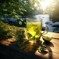 ai gerado verde chá em madeira foto