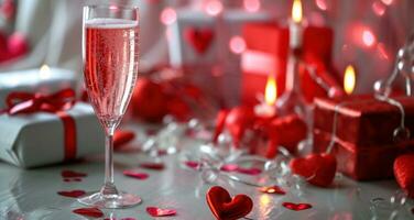 ai gerado Rosa champanhe e vermelho coração confete ficar de pé Próximo para uma Rosa coração caixa foto