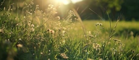 ai gerado a luz brilha através uma gramíneo campo foto