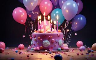 ai gerado a aniversário bolo com velas e balões foto