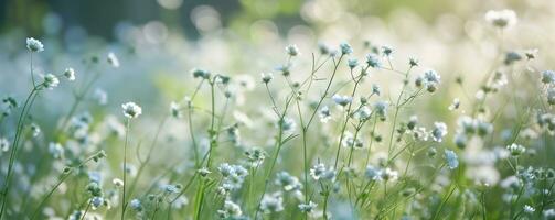 ai gerado uma ampla campo com Relva e flores atrás isto foto