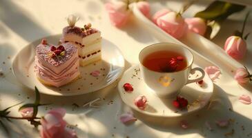 ai gerado dois bolos e copos do chá dentro a forma do corações e flores foto