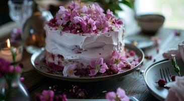 ai gerado uma aniversário bolo com flores em uma mesa foto