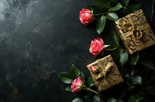 ai gerado com presentes e rosas em a Preto fundo foto