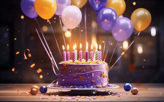 ai gerado uma colorida aniversário bolo sentado Próximo para balões foto