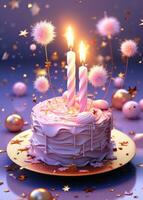 ai gerado uma Rosa aniversário vela bolo é cercado de estrelas e balões foto