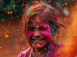 ai gerado uma menina sorridente feliz com colorida pó foto