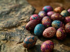 ai gerado uma grupo do colori pintado Páscoa ovos em topo do uma Castanho fundo foto