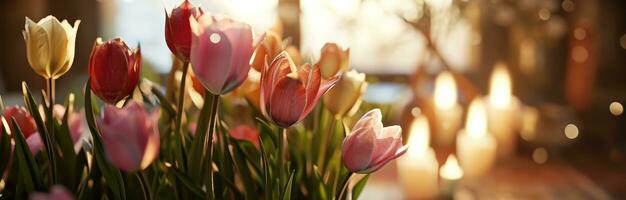 ai gerado uma grupo do colorida tulipas dentro frente do uma vela luz foto