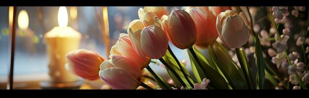 ai gerado uma grupo do colorida tulipas dentro frente do uma vela luz foto