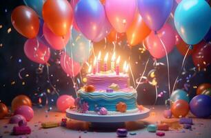 ai gerado uma aniversário bolo às a frente do uma quarto com balões foto