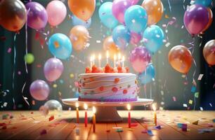 ai gerado uma aniversário bolo às a frente do uma quarto com balões foto