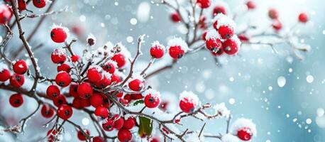 ai gerado uma grupo do vermelho azevinho bagas e neve em a azul fundo foto