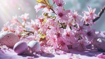 ai gerado uma Rosa sakura árvore, lírios e Páscoa ovos em uma colorida superfície foto