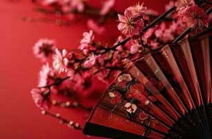 ai gerado uma papel ventilador com Rosa flores em uma vermelho fundo, foto