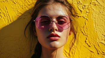 ai gerado uma jovem mulher vestindo Rosa oculos de sol sobre uma amarelo fundo foto