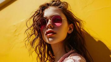 ai gerado uma jovem mulher vestindo Rosa oculos de sol sobre uma amarelo fundo foto