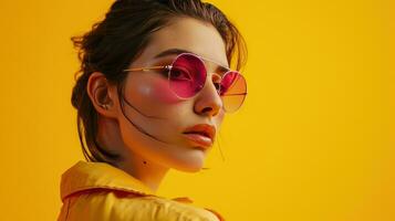 ai gerado uma jovem mulher vestindo Rosa oculos de sol sobre uma amarelo fundo foto