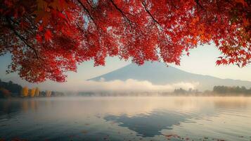 ai gerado Fuji montanha e lago kawaguchiko dentro outono temporada, Japão foto