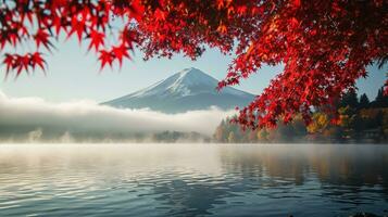 ai gerado Fuji montanha e lago kawaguchiko dentro outono temporada, Japão foto