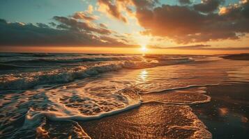 ai gerado lindo pôr do sol em a de praia. mar ondas e salpicos. foto