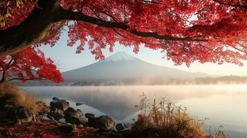 ai gerado Fuji montanha e lago kawaguchiko dentro outono temporada, Japão foto