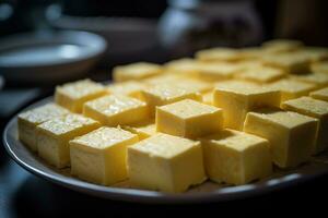 ai gerado fechar-se do uma prato do amarelo queijo cubos. foto