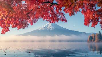 ai gerado Fuji montanha e lago kawaguchiko dentro outono temporada, Japão foto