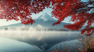 ai gerado Fuji montanha e lago kawaguchiko dentro outono temporada, Japão foto