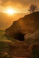 ai gerado nascer do sol sobre uma megalítico túmulo foto