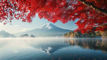 ai gerado Fuji montanha e lago kawaguchiko dentro outono temporada, Japão foto