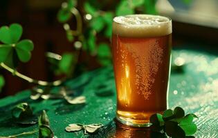 ai gerado a irlandês Cerveja com dois trevo folhas sentado em uma verde mesa foto