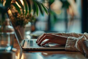 ai gerado fechar acima do fêmea mãos digitando em computador portátil teclado às mesa dentro cafeteria foto