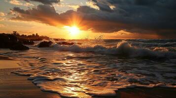 ai gerado lindo pôr do sol em a de praia. mar ondas e salpicos. foto